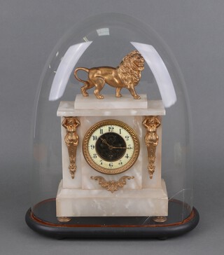 A 19th Century French 8 day timepiece, the 10cm enabled dial with Arabic numerals and visible escapement, contained in a white marble case surmounted by a gilt spelter figure of a walking lion 37cm x 23cm x 10cm, complete with pendulum and key, all contained under a glass dome 