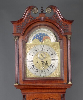 Edward Gratrex of Birmingham, an 18th Century 8 day striking longcase clock, the 33cm arched dial marked Edward Gratrex Birmingham, with phases of the moon, gilt metal spandrels, silvered chapter ring, Arabic numerals, minute indicator and calendar aperture, contained in an oak case with broken pediment and blind fret work frieze 290cm h x 54cm w x 25cm d, the clock is complete with wooden pendulum, weights and brackets but no key 