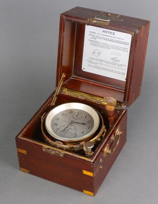 Hamilton Watch Company Lancaster Pausa, a US Marine Commission ships chronograph, the 10cm dial marked Hamilton Lancaster Pausa 2E10930 US Maritime Commission with up/down subsidiary dial and minute dial, contained in a mahogany and brass banded case 18cm h x 18cm w x 19cm d 