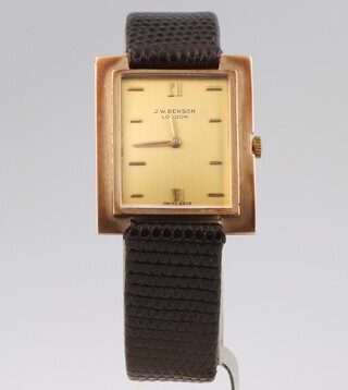 A gentleman's vintage J W Benson rectangular mechanical wristwatch contained in a 9ct yellow gold case 27mm x 32mm, the case numbered 7922, on a later leather strap 
