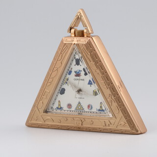 A gold plated 925 Masonic pocket watch  the dial marked Servine, having Masonic 5 minute symbols, contained in a triangular case 55mm 