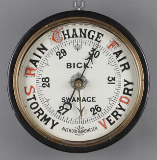 A Victorian aneroid barometer with 33cm porcelain dial marked Bick Swanage 10cm x 41cm 