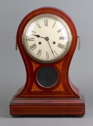 An early 20th Century German Teutonia striking mantel clock with 17cm enamelled dial, Roman numerals, contained in an inlaid mahogany balloon shaped case, the back plate with running rabbit, marked PHS and numbered 136, 44cm x 30cm x 14cm, complete with pendulum and key 