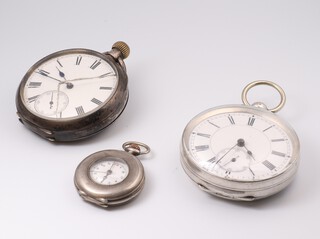 A Continental silver 800 standard key wind pocket watch with seconds at 6 o'clock  47mm (watch is working), together with mechanical 935 standard ditto with seconds at 6 o'clock  45mm (cracked glass not working) and a lady's silver half hunter with cracked glass 27mm  