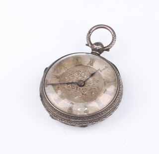 A lady's Victorian silver fob watch with engraved dial, movement numbered 52035, 40mm, Chester 1880 