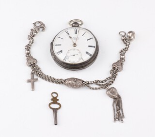 A Victorian silver cased key wind pocket watch with seconds at 6 o'clock, glass inscribed E Rickard, 45mm case, London 1891, together with a silver Albert with tassels 20 grams