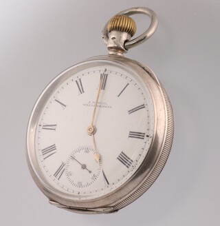 A silver cased mechanical pocket watch with seconds at 6 o'clock the dial inscribed A W W Co., in a 50mm case numbered 76542, movement 11636350 