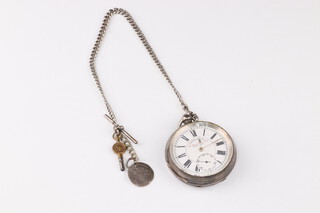 A 925 standard silver cased key wind pocket watch with seconds at 6 o'clock, the dial inscribed J G Graves Sheffield, the 55m case numbered 434248, together with a silver Albert 27 grams
