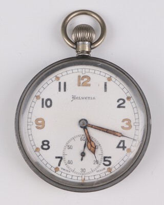 An Army issue metal cased pocket watch with seconds at 6 o'clock, the dial inscribed Helvetia, the 50mm case stamped GS/TP P4110 