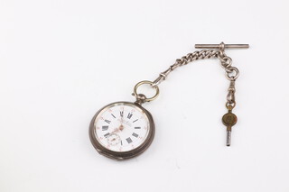 An 800 standard gentleman's silver pocket watch, the dial inscribed Hector Panier with seconds at 6 o'clock, gilt hands, the 47mm case inscribed F Landrain and numbered 1194557*5 and engraved with a standing horse, together with a short silver Albert and key 