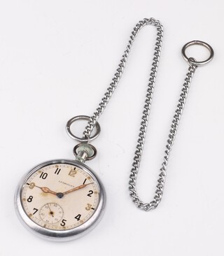 A gentleman's steel cased Army issue pocket watch, the dial inscribed Leonidas with seconds at 6 o'clock, the 50mm case marked G.S.T.P. N.8798 on a steel Albert 