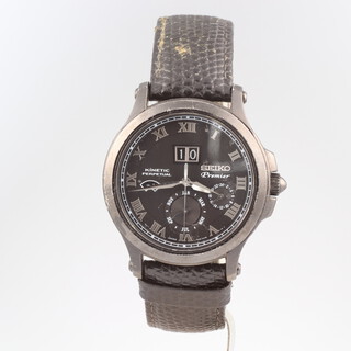 A gentleman's black cased Seiko Premier Kinetic perpetual wristwatch with subsidiary dials and date, contained in a 40mm case with original leather strap  