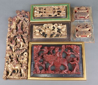 A Chinese rectangular carved and pierced gilt plated plaque decorated figures 40cm x 11cm (cracked), a brown & gilt ditto decorated figures and figure on a horse 20cm x 29cm, 2 similar 24cm x 11cm, 2 square plaques decorated urns 12cm x 11cm 