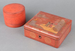 A cylindrical Chinese red and black lacquered jar and cover 8cm x 10cm together with a lacquered jewellery box with hinged lid decorated figures by a pagoda 6cm x 17cm x 15cm 