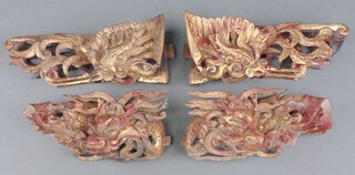 Two pairs of Chinese carved and gilt painted plaques decorated birds 9cm x 20cm x 7cm 