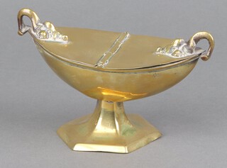A brass incense boat raised on a hexagonal base 8cm x 17cm x 8cm 