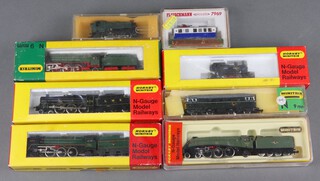 Four Hornby Minitrix N gauge locomotives - N203, N207, N211 and 2044, 2 tank engines N207, all boxed, a Great Western Railway tank engine, a British Railways double headed diesel locomotive and a Continental tram 
