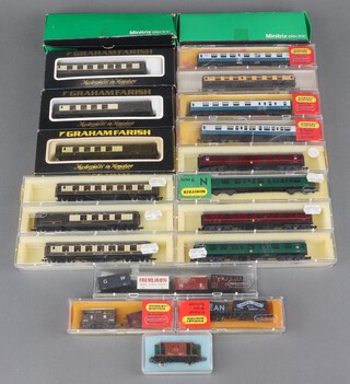 Four Hornby Minitrix N gauge carriages - N303 (x2), N306 (x2), together with 10 carriages and 9 items of rolling stock, all boxed