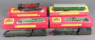 A Hornby Dublo locomotive and tender 2221 Cardiff Castle, ditto 2211 Golden Fleece, 2250 Electric Motor Coach boxed and an R357 locomotive Duchess of Sutherland (no tender and incorrect box)