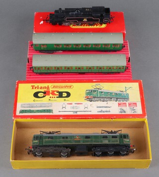 A Triang OO gauge R59 locomotive boxed,  Hornby Dublo 4081 Suburban Coach second class, a Hornby Dublo 4150 electric driving trailer coach and a Triang R388 ME2 electric locomotive kit 