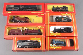 A Triang R251S locomotive and tender in red livery, an R251 locomotive and tender in black livery, an R.52S tank engine in British Railways black livery together with 5 Hornby locomotive tenders comprising 2 British Railway tank engines in incorrect boxes, tank engine in red livery 1644O, a Great Western 150th Anniversary tank engine and 1 other 