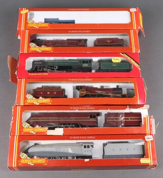 Six Hornby OO gauge locomotives and tenders - R065 Evening Star, R072 City of Bristol, R099 Silver Fox, R834 Queen Mary, Princess Royal (incorrect box) and 1 other locomotive tender in LMS colours no 1000 (incorrect box)