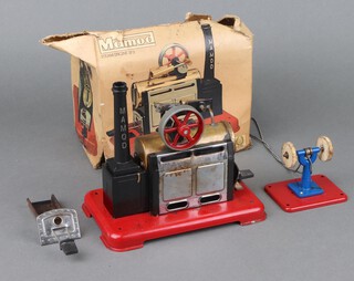 A Mamod stationary steam engine PS2 complete with burner and polishing stand (glass indicator to the boiler is missing), boxed and with additional burner 