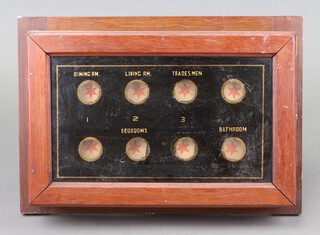 A 1930's eight aperture servant's indicator board - Bedroom 1, 2, 3, Dining Room, Living Room, Tradesman, Bathroom 9cm h x 38cm w 