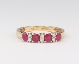 A 9ct yellow gold ruby and diamond ring, the 4 rubies each 0.10ct, the 6 diamonds each 0.01ct, size M, 1.7 grams 