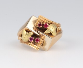 A yellow gold, testing as 14ct, mid-century ruby dress ring, size Q, 7.3 grams