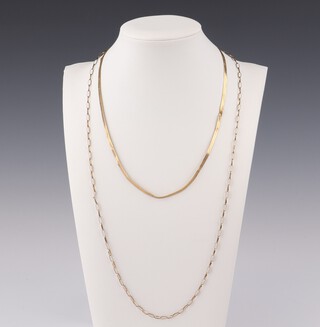 A 9ct flat link necklace 39cm, another 56cm, 6 grams 