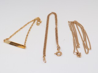 Three 9ct yellow gold bracelets both 18cm and a ditto necklace 45cm, 5.7 grams 