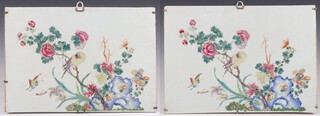 A pair of famille rose porcelain plaques, late Qing dynasty/Republican period 
each painted with a butterflies and a bird on a branch of peony, with chrysanthemum beside a garden rock, 23.5cm x 33.5cm (2)
