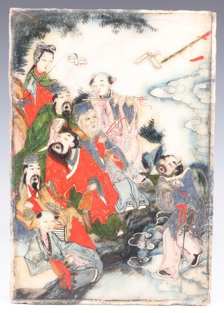 A famille rose plaque, Republican period painted with a group of immortals, 29cm x 20cm