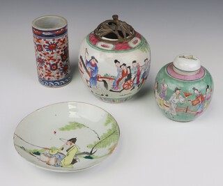 A 20th Century shallow dish decorated with a figure of a seated fisherman 21cm, a ginger jar with a procession of figures (no lid) 18cm, 1 other with later lid 14cm, an Imari cylindrical vase 19cm 