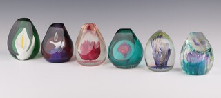Six Caithness paperweights - Panache 265/750, Spring Crocus 225/350 7cm, Saladin 1031 7cm, Fantasy Orchid 315 7cm, Jack In the Box 473 7cm and Calla Lily 192/500 7cm 