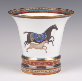 Hermes, a Cheval d'Orient porcelain trumpet shaped vase decorated running horses 13cm h x 15cm diam. 