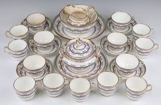 A 19th Century 27 piece tea service with gilt and floral banding comprising slop bowl, 2 dishes, lidded sugar bowl (cracked), milk jug (cracked), tea plate, 6 large cups (1 cracked and 1 a/f),  6 saucers (1 cracked) and 9 small cups (5 cracked) 