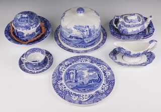 A collection of 78 pieces of Spode Italian pattern dinner ware of various ages, comprising 10 dinner plates, 10 soup bowls, 6 side plates, 9 tea plates (in 2 sizes, 1 cracked, 1 chipped), 4 large saucers (2 cracked), 3 saucers (1 cracked), oval dish, bowl, biscuit barrel and lid (body cracked, lid a/r), 2 jugs (1 chipped), round platter, segmented plate, large cheese dome, 2 small oval dishes, small oval tea plate, sauce boat and stand, small jug, pudding bowl, milk jug, 2 pepper pots (cracked), egg cup, coffee can, sugar bowl, small round dish, storage jar (no lid), circular butter dish, 7 cups, twin handled soup bowl, 3 large mugs (1 chipped) and 2 small mugs (1 chipped) 