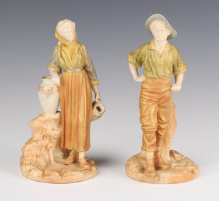 A pair of Royal Worcester blush porcelain figures of a female water carrier and a farm worker no. 1810, 15cm 