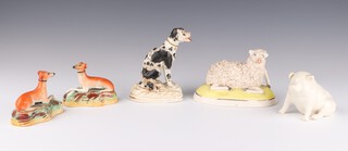 A 19th Century Staffordshire figure of a spaniel 12cm, a sheep 12cm, 2 greyhounds 8cm and a Belleek pig 8cm 
