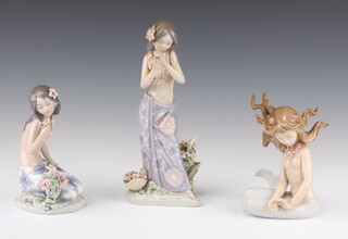 A Lladro figure "Mirage" 14cm (lacking her shell) and 2 other Lladro figures of a kneeling girl 15cm and a standing girl 23cm 