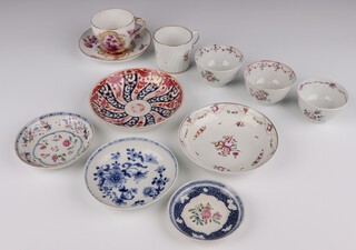A 19th Century Meissen tea cup and saucer with gilt and ochre decoration, having a panel of figures in landscapes surrounded by spring flowers, 3 19th Century English tea bowls, a ditto mug and a 5 shallow dishes 