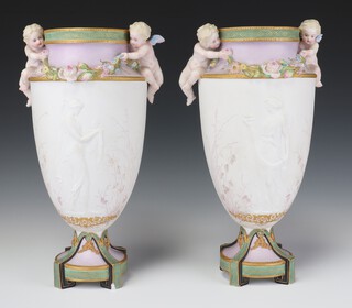 A pair of Victorian biscuit porcelain urn shaped vases decorated standing classical figures with cherubs and floral garlands, the base with impressed blue mark JG 
