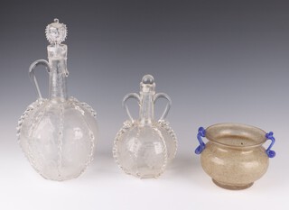 A Continental etched clear glass decanter and stopper decorated with birds and grapes 29cm, an ensuite ditto 22cm with plated stopper and a 2 colour glass bowl 14cm 
