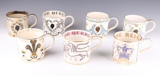 Seven Wedgwood commemorative mugs - 25th Wedding Anniversary of Her Majesty Queen Elizabeth II and His Royal Highness Prince Philip, Silver Jubilee of Her Majesty Queen Elizabeth II, The Marriage of Her Royal Highness Princess Anne to Captain Mark Philips, 25th Anniversary of The Coronation of Her Majesty Queen Elizabeth II, The Wedding of His Royal Highness The Prince of Wales and Lady Diana Spencer, His Royal Highness Princes Charles as Prince of Wales Caernarfon Investiture and The Coronation of Her Majesty Queen Elizabeth II 1953, all 10cm 