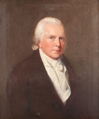 Thomas Hickey (Dublin 1741-1824 Madras), Half length portrait of William Skyrne of Ludlow (solicitor), wearing a black jacket and white stock, late 18th/early 19th Century oil on canvas, signed Thomas Hickey and dated 1803 verso, label for William Skyrne, Island House, Llaugharne, 70cm x 59cm