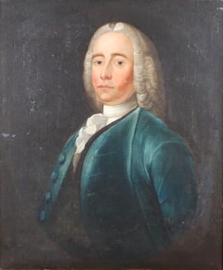 British school, Half length portrait of a gentleman wearing a periwig, blue velvet jacket and white stock, 18th Century oil on canvas, 75cm x 62cm 