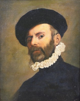 After Giovanni Battista Moroni, Italian,  Portrait of a Man, 19th century oil on canvas, 42cm x 34cm. Note: This work is an accomplished copy of "Portrait of a Man Holding a Letter",  also known as "The Lawyer", in the collection of The National Gallery, London.