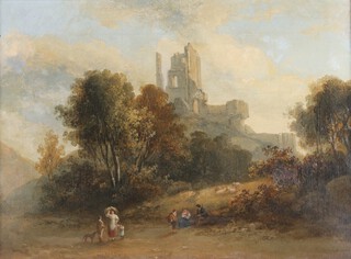 British School,  Travellers on a Road near a Castle Ruin, 19th century oil on canvas, 32cm x 45cm.